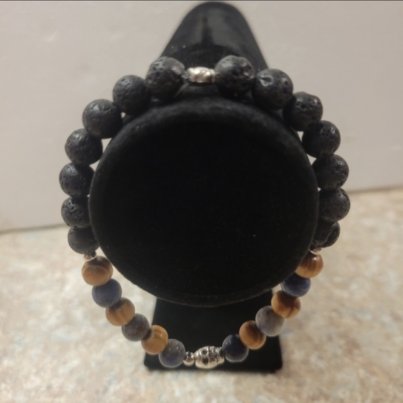 Men's Black Lava, Blue, and Wooden Beaded Stretch Bracelet with Skeleton - Picture 3 of 8